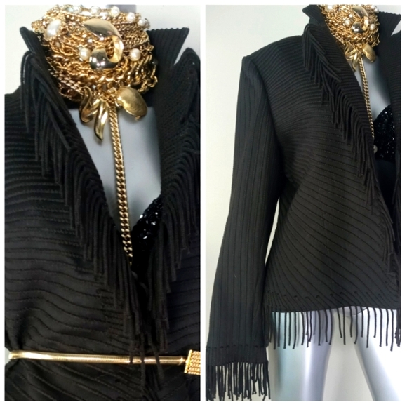 Company Ellen Tracy Open Front Fringe Chocolate Striped Cotton Blend Jacket - Picture 6 of 13